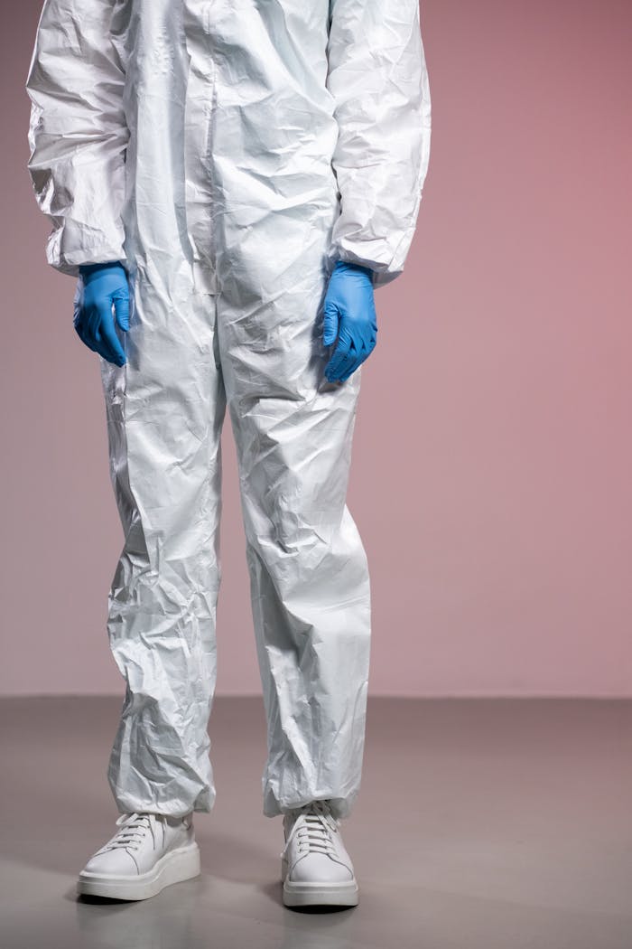 Person wearing a white protective suit and blue gloves, focusing on PPE.