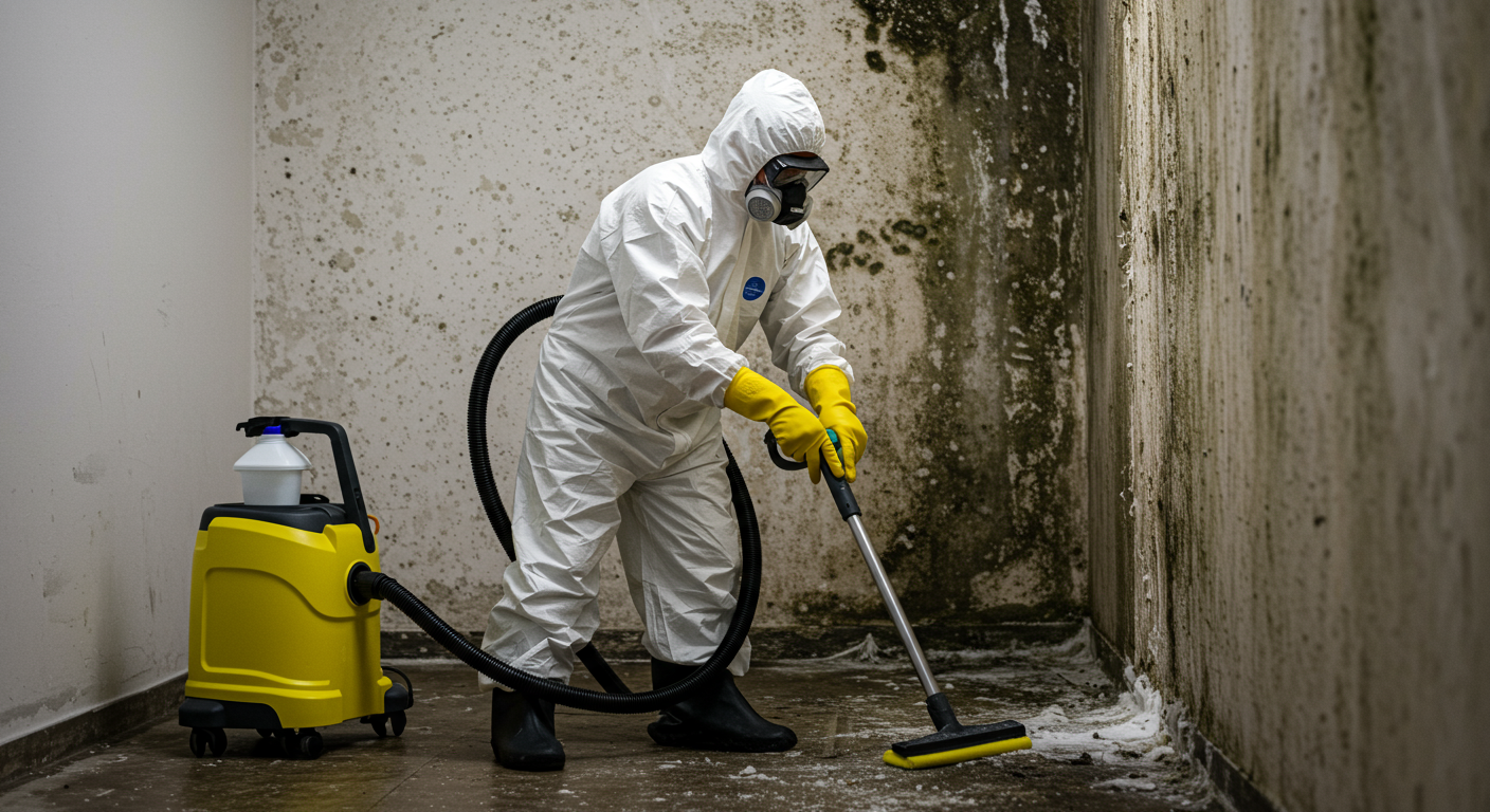 A professional in full protective gear scrubbing a moldy surface with specialized cleaning solutions. Visible tools include HEPA vacuums and cleaning equipment.