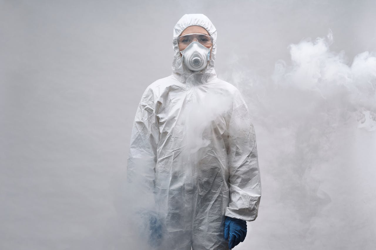 Individual wearing protective equipment standing amidst smoke, focusing on safety and precautionary measures.