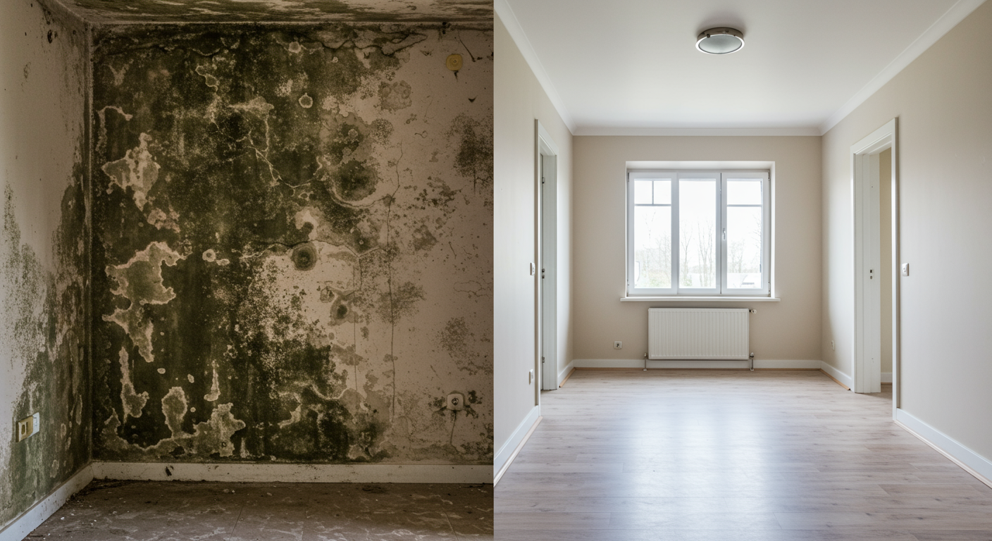 A before-and-after scenario showing a mold-infested room transformed into a clean and safe space post-remediation.