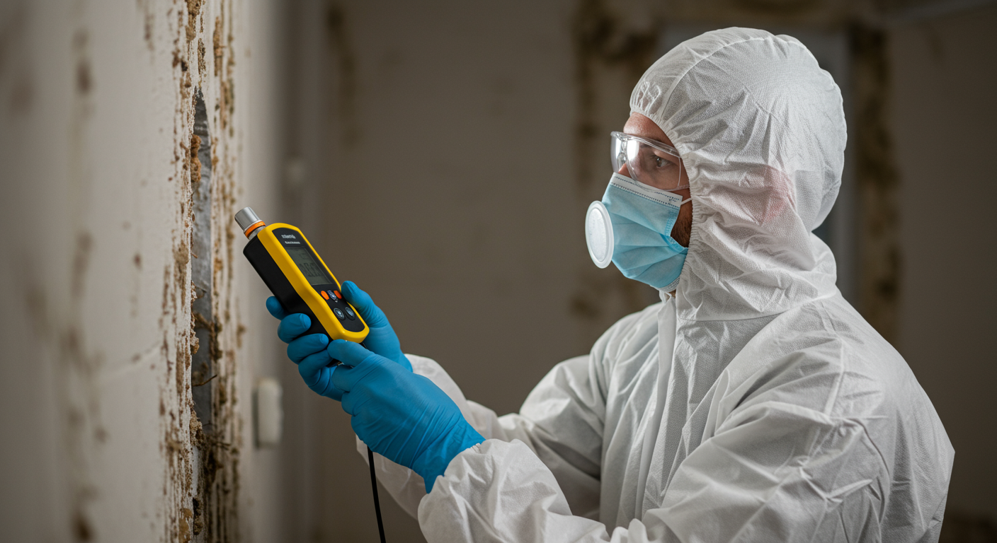 A professional mold inspector examining a wall with a moisture meter, showcasing the seriousness of mold issues. The inspector is wearing protective gear, emphasizing safety.