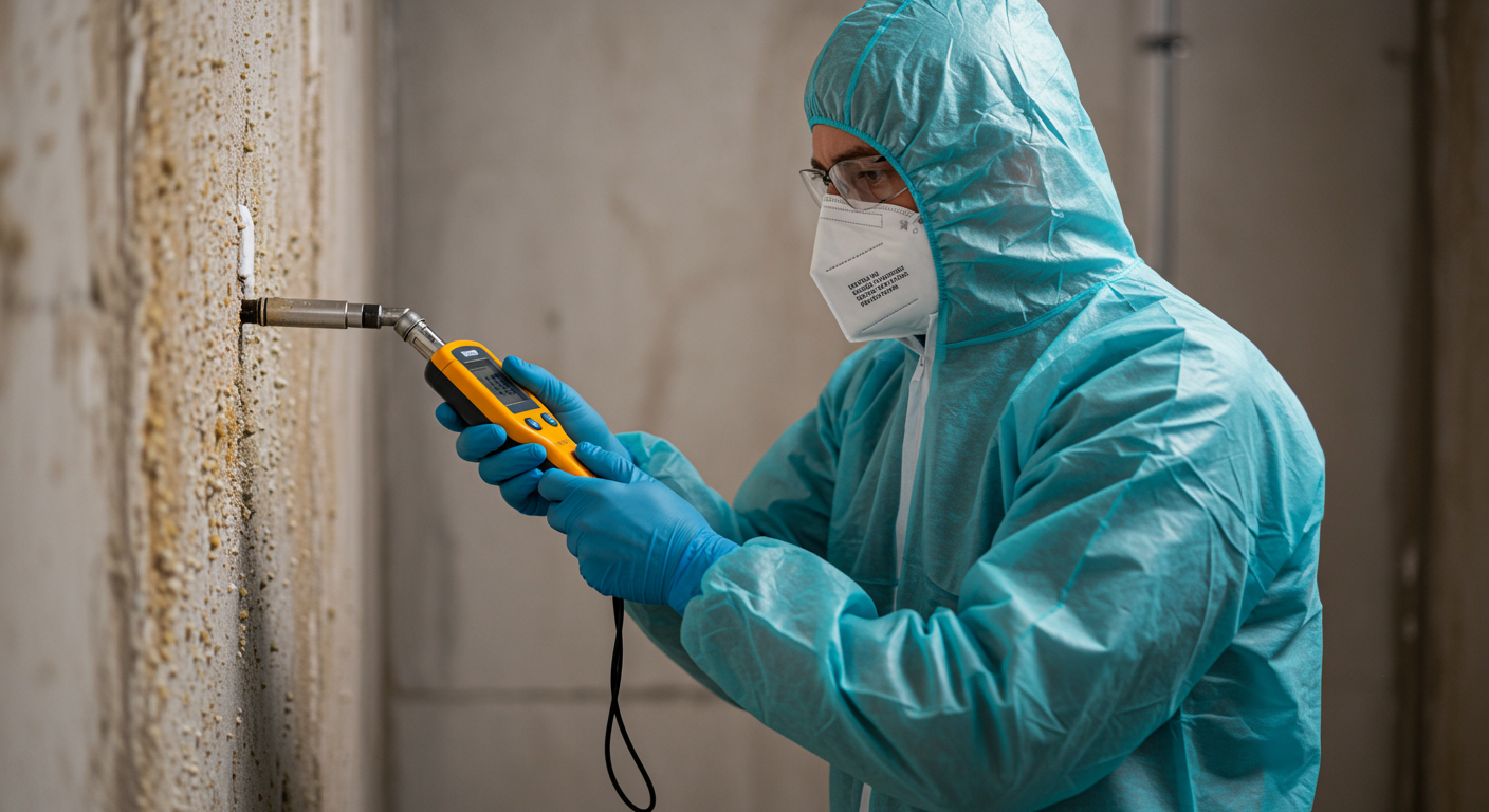 Mold Remediation Technician Assessing Wall