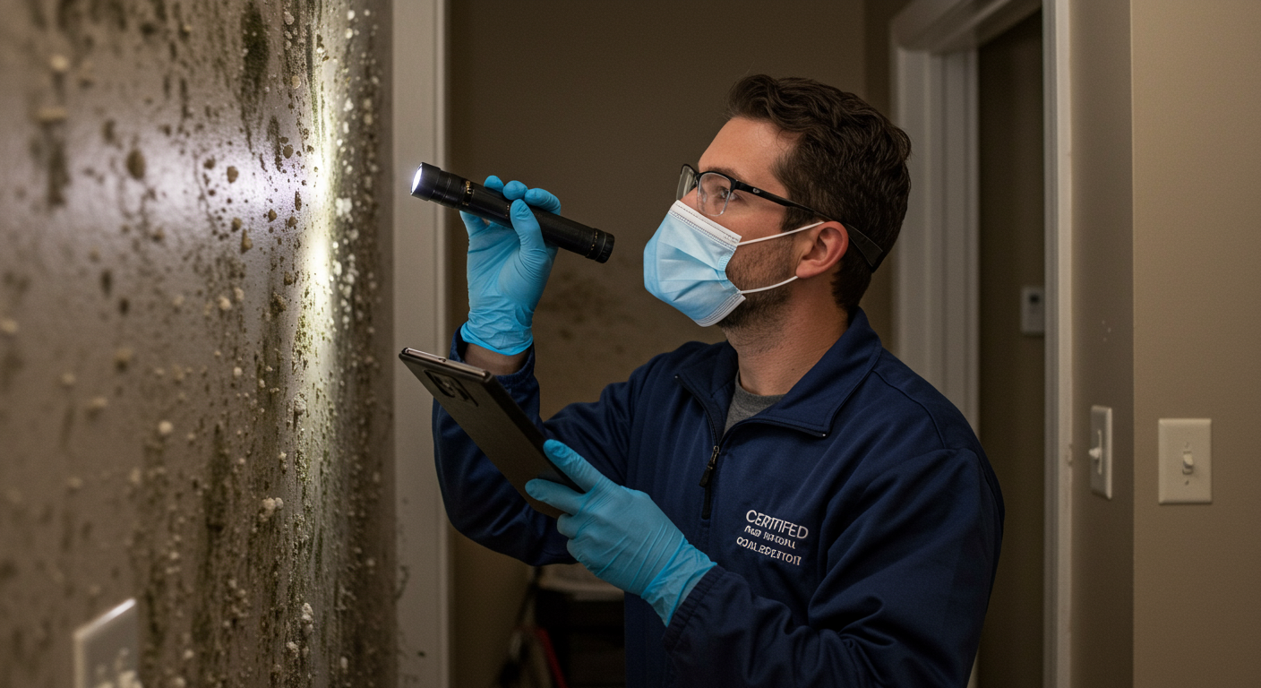 A certified mold inspector is examining a home’s interior, using a flashlight to inspect corners and walls for mold growth. The inspector wears protective gear, showcasing professionalism.