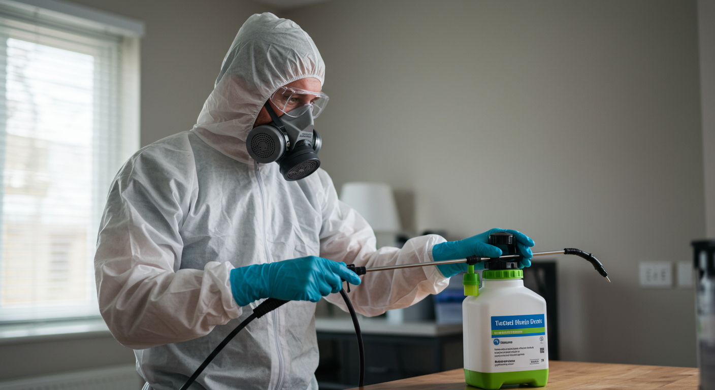 A certified technician wearing protective gear using specialized equipment like an air scrubber in a residential setting.