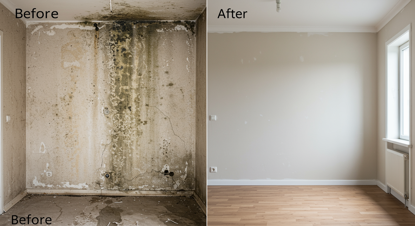 A split-screen image showcasing a room before and after mold remediation. The 'before' side shows visible mold growth on walls and a damp, damaged surface, while the 'after' side reveals a clean, restored, and freshly painted wall. The room appears bright and inviting in the 'after' section.