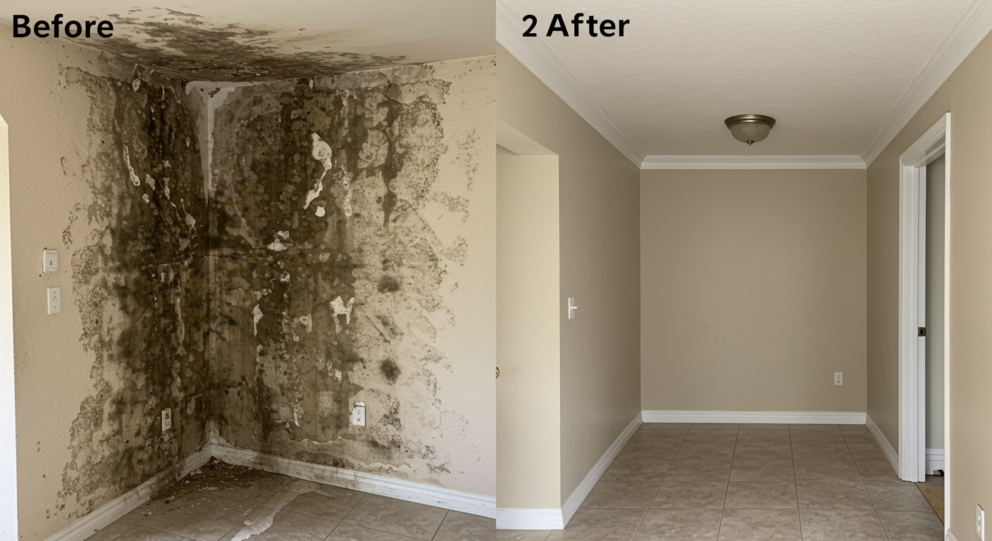 A 'before and after' visual of a mold-affected area in a Weston, FL home. The left side shows a wall with severe mold growth, while the right side shows the same wall completely cleaned and restored.
