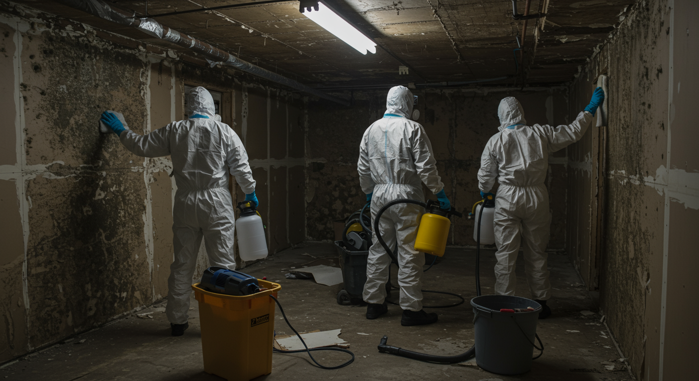 A team of mold remediation professionals in protective suits working together to remove mold from a water-damaged basement.