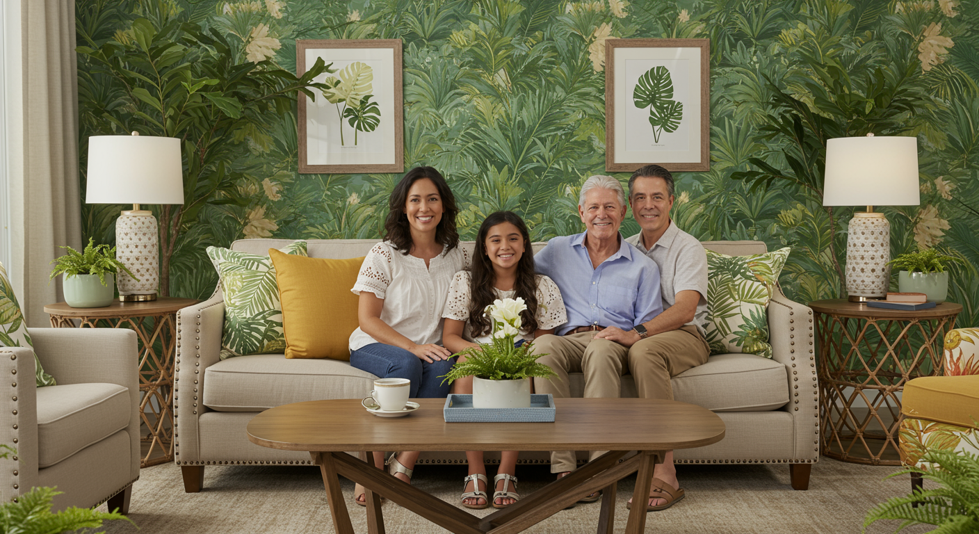 A smiling family sitting in their freshly restored living room, symbolizing customer satisfaction. The room features tropical plants and decor, reflecting the North Miami Beach aesthetic.