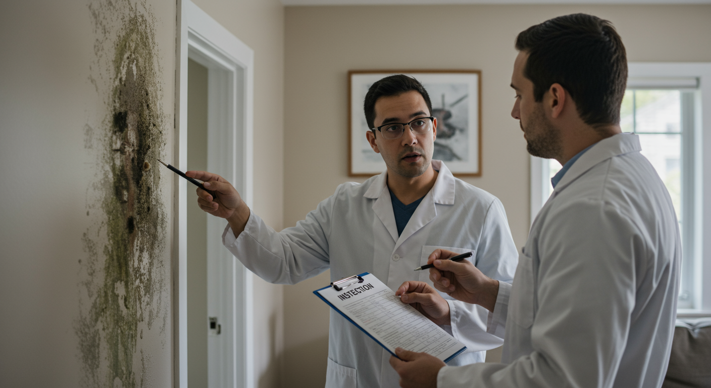 A homeowner consulting with a mold remediation expert inside their home. The expert is pointing to a mold-affected area on the wall while holding a clipboard with inspection notes.