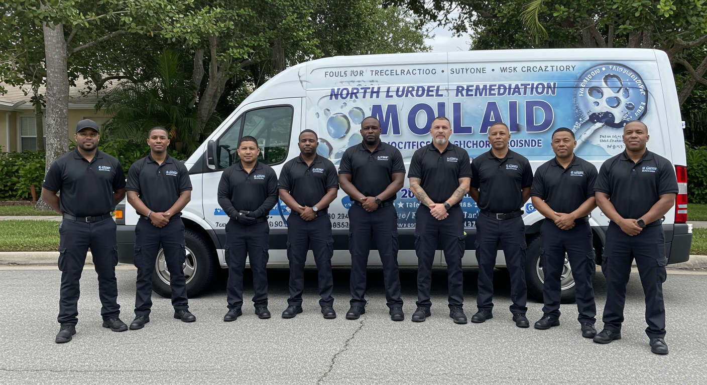 A team of professional mold remediation experts standing in front of a branded van with 'North Lauderdale Mold Remediation' written on it. The background includes a sunny Florida neighborhood to emphasize local expertise.