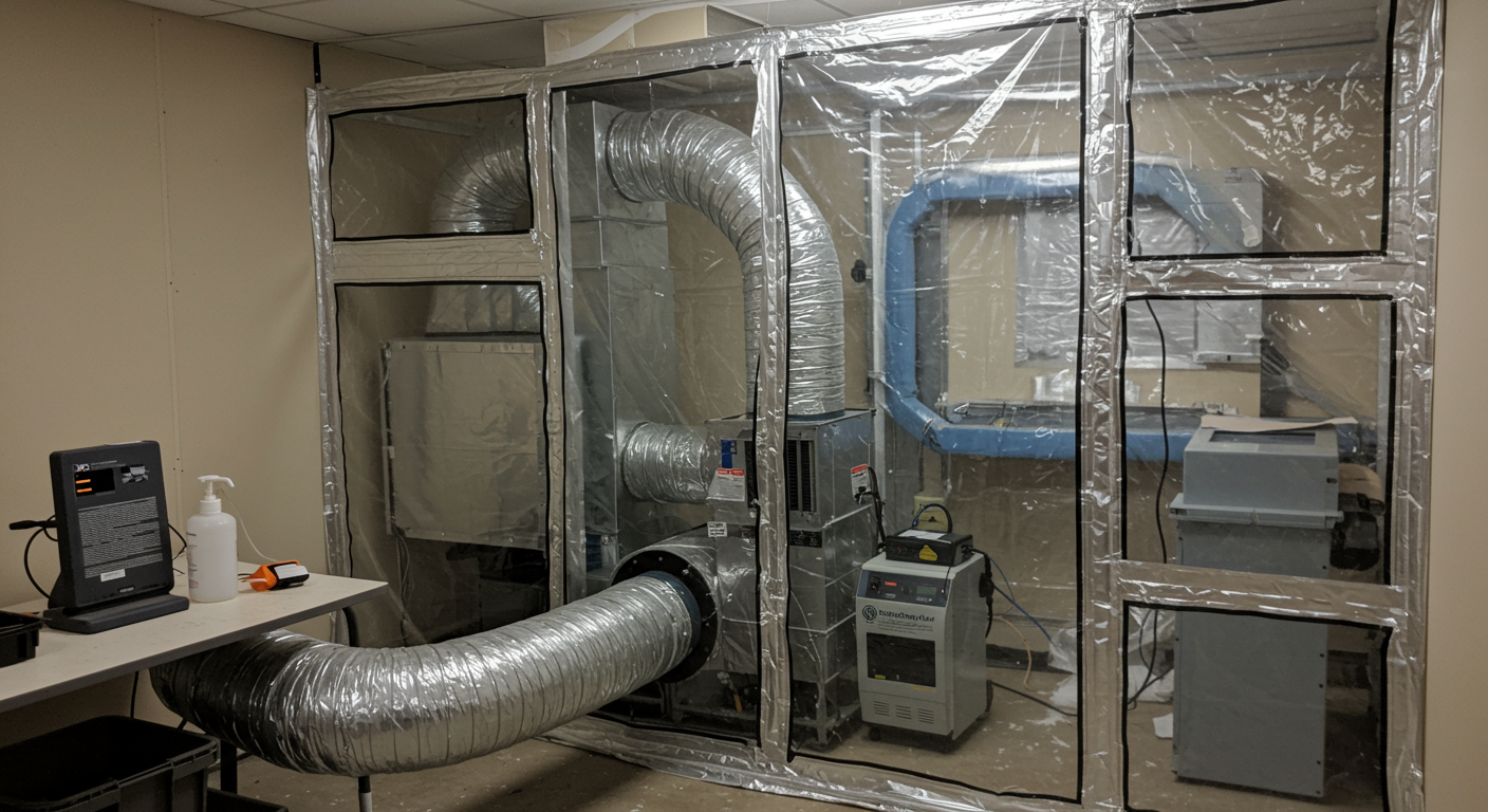 A sealed-off room with plastic sheeting and a negative air machine in operation. The image highlights the containment process, with visible air ducts and HEPA filters working to prevent mold spores from spreading. The setting is a clean, organized workspace with clear focus on the equipment.