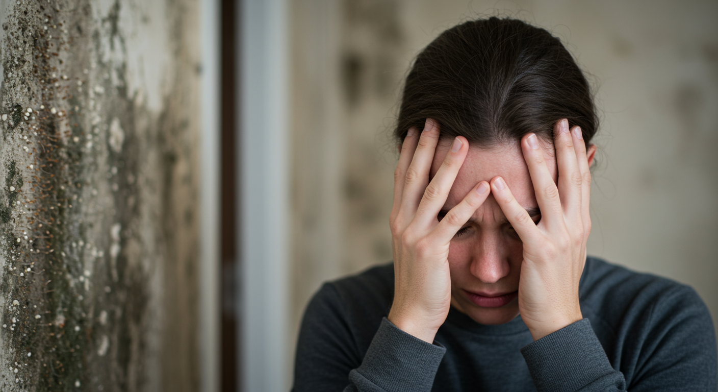 A close-up of a person holding their head in distress, with a blurred background showing mold on walls.