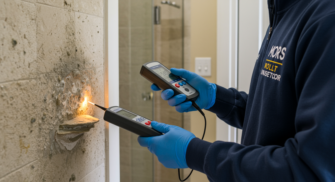 A professional mold inspector using a moisture meter to check for hidden mold in a Coconut Creek home.