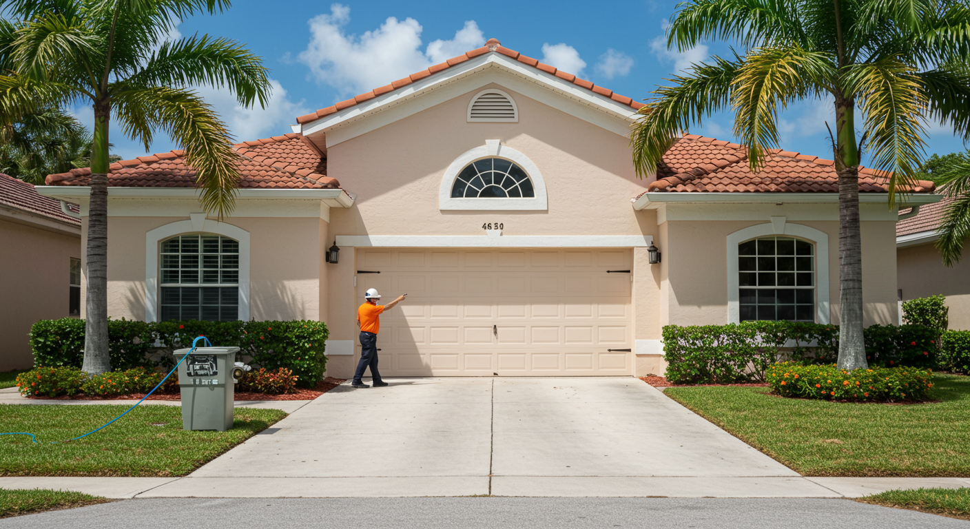 A tropical-style home in Delray Beach with a professional inspecting the exterior for mold. The image captures the sunny Florida ambiance with palm trees and a clear blue sky in the background.