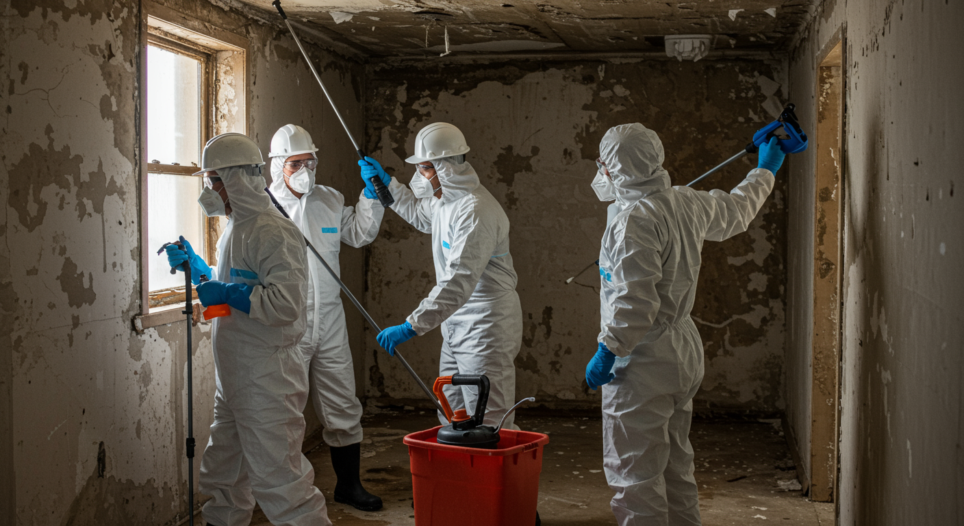 A dynamic shot of a team of mold remediation professionals in protective gear actively working on a mold-affected area, demonstrating teamwork and professionalism.