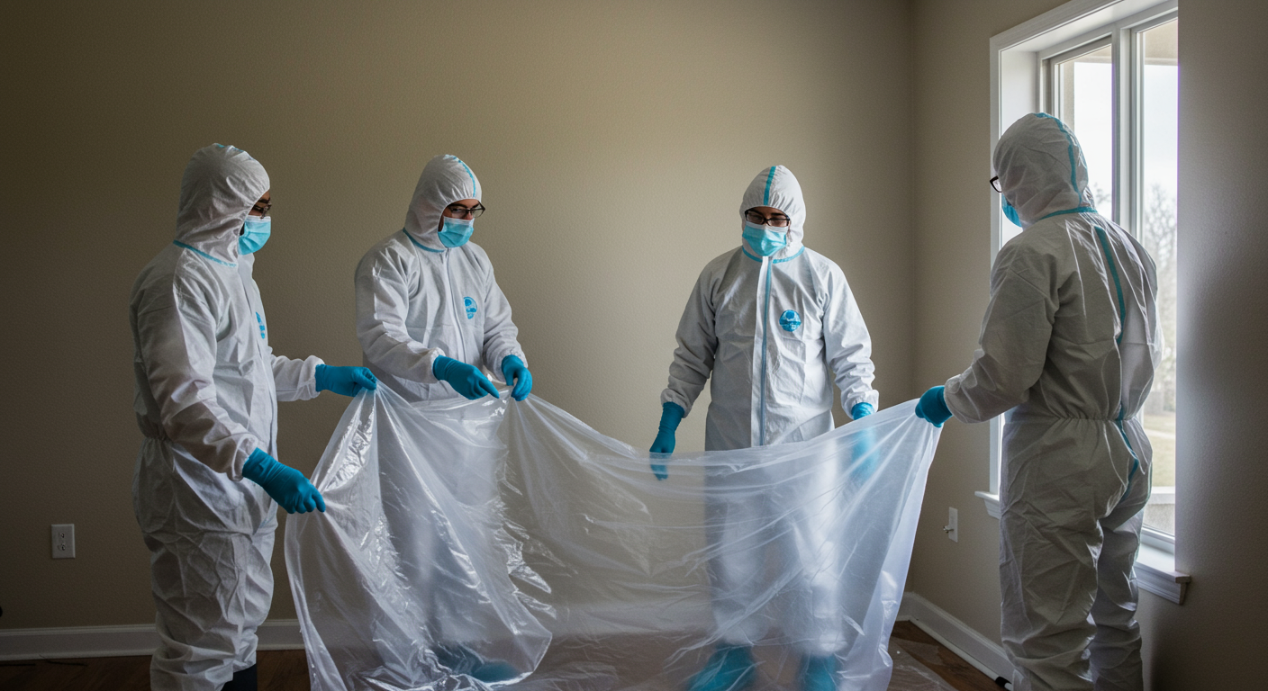 A team of professionals in protective suits performing mold containment and removal. They are sealing off an area with plastic sheeting and using specialized equipment.