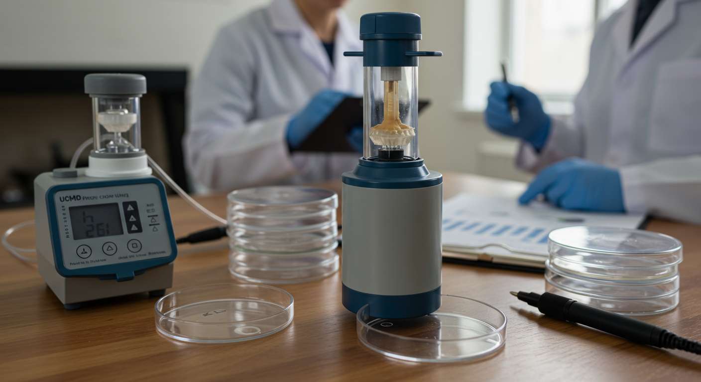 A close-up of professional mold testing equipment, such as air sampling devices and petri dishes, placed on a table. The background shows a mold remediation expert analyzing the results in a residential setting.