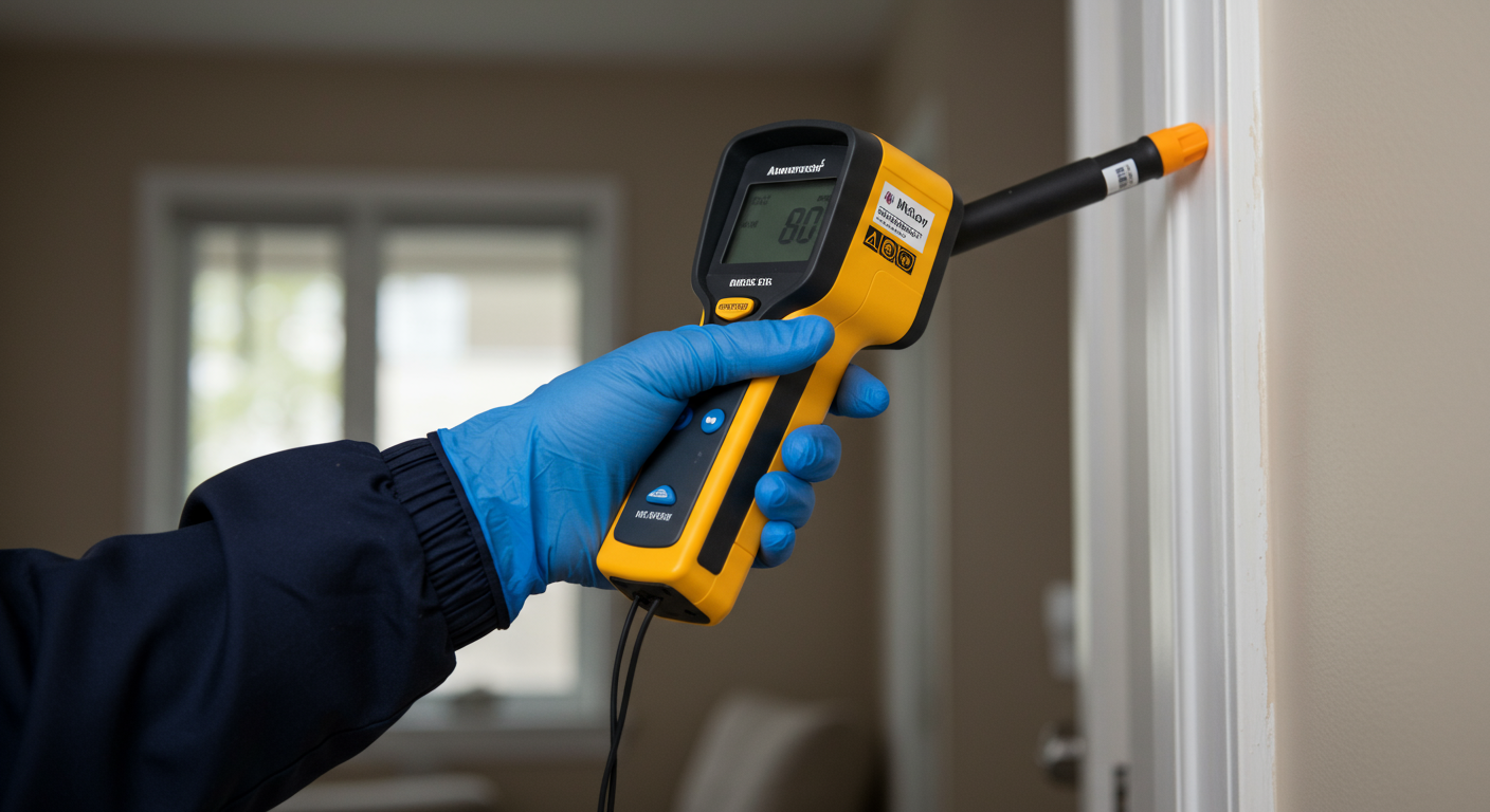 Close-up of a technician using advanced mold detection tools, such as a moisture meter or thermal imaging camera, to inspect a wall for hidden mold. The background includes a partially visible home interior.