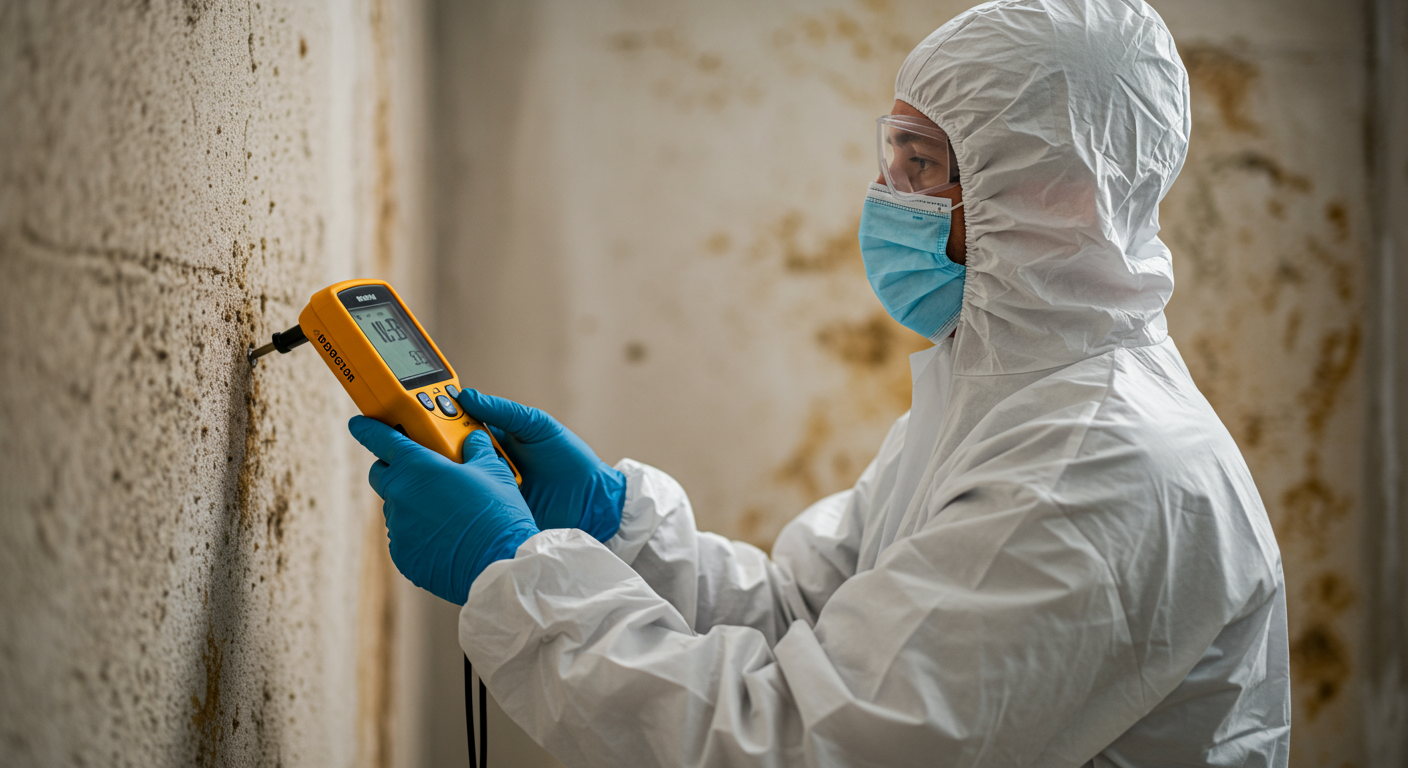 A professional mold inspector wearing protective gear and using a moisture meter to assess a wall for mold. The focus is on the inspector and the tool in action.