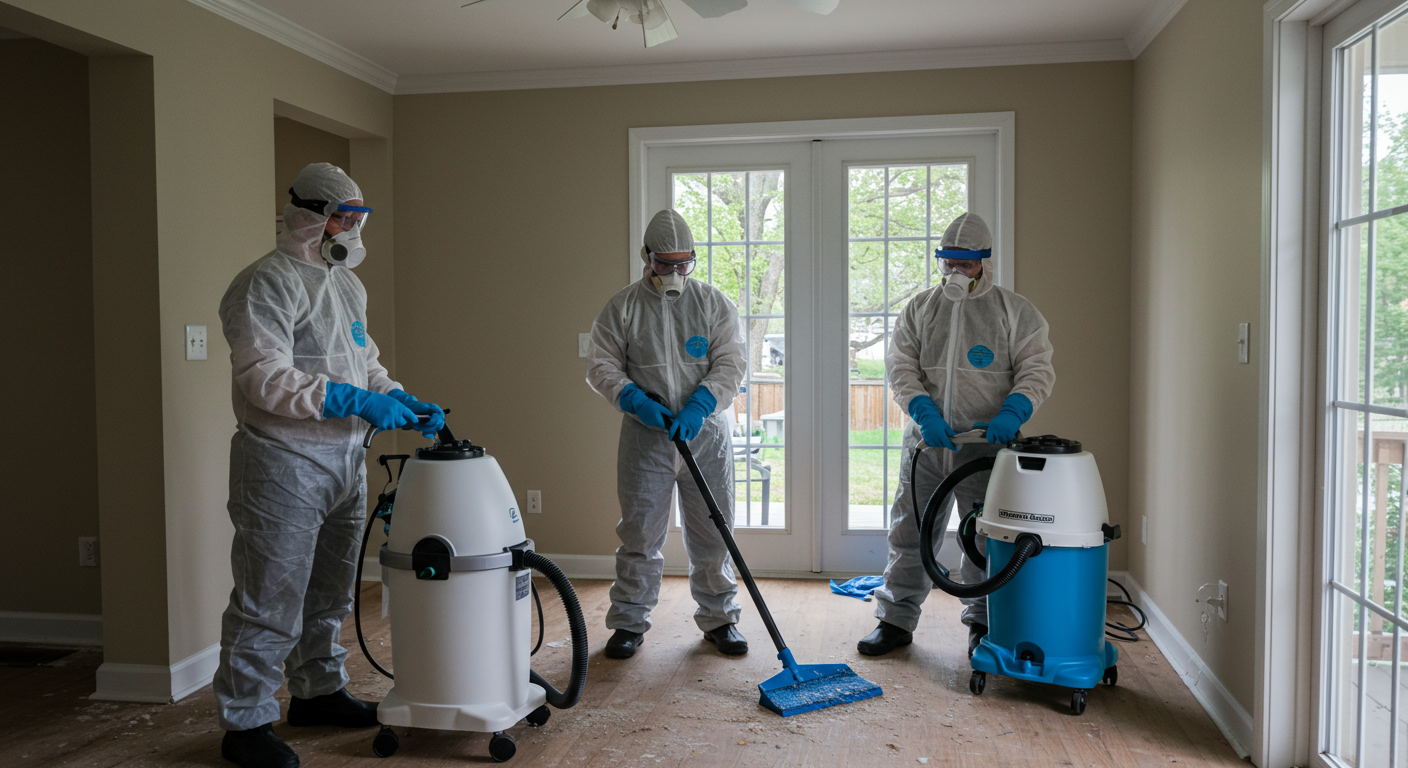 A team of professionals wearing protective gear, such as masks and gloves, using advanced equipment like air scrubbers and HEPA vacuums to clean a mold-affected area in a residential home.
