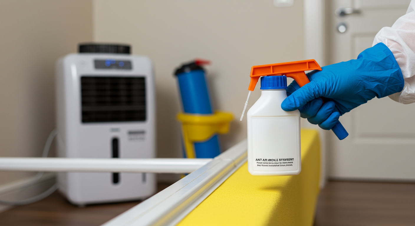 A close-up of a technician applying an anti-mold solution to a clean surface in a home. The background shows a dehumidifier and other preventive tools.