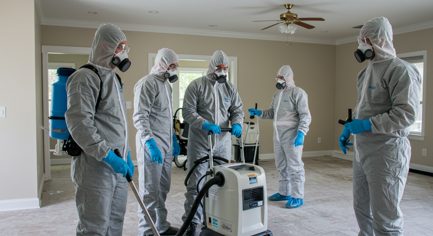 A team of mold remediation professionals in full protective gear working together in a large residential or commercial space. They are using industrial-grade equipment like air scrubbers, dehumidifiers, and HEPA vacuums to clean and restore the area.