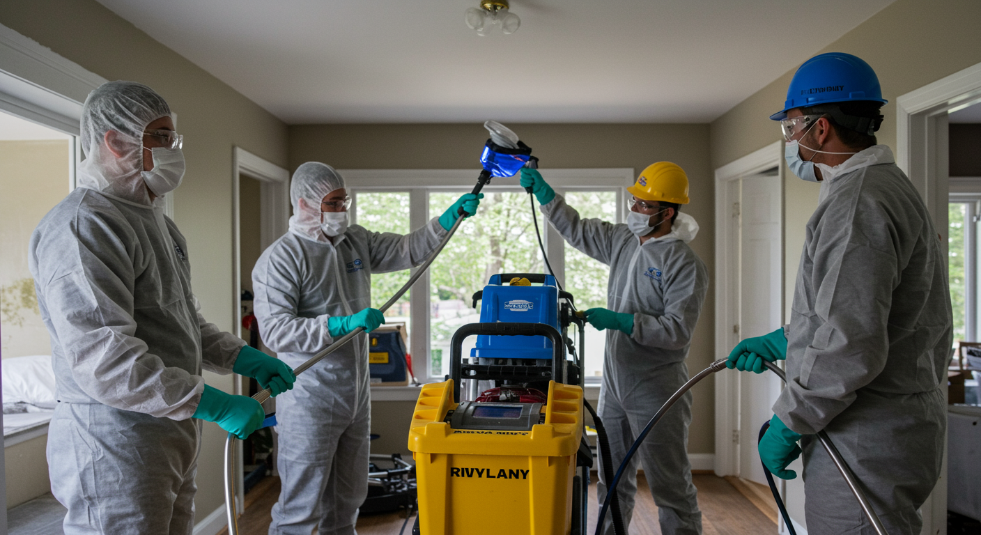 A team of certified mold remediation specialists actively working in a home, using high-tech equipment to remove mold. The scene captures teamwork and professionalism, with tools and safety gear prominently displayed.