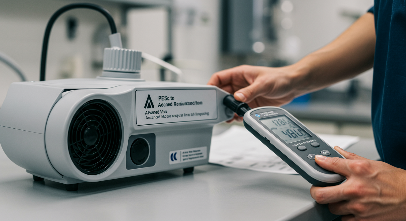 A close-up of advanced mold remediation equipment, such as an air scrubber or moisture meter, placed on a clean surface. The background includes a technician's hand adjusting the equipment, showcasing expertise and professionalism.