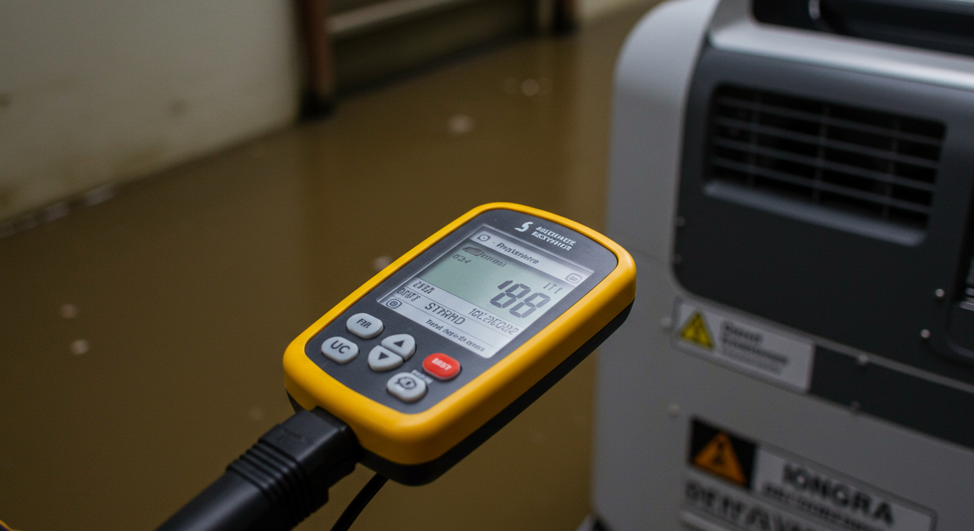 Close-up of advanced restoration equipment being used in a flooded area, such as moisture meters and industrial dehumidifiers. The focus is on the technology that aids in effective flood restoration.