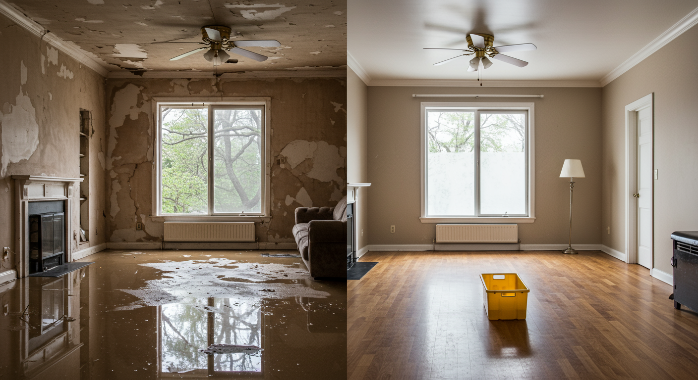 A split image showing a flooded room on one side and the same room fully restored on the other. This visual emphasizes the transformation and effectiveness of flood cleanup services.