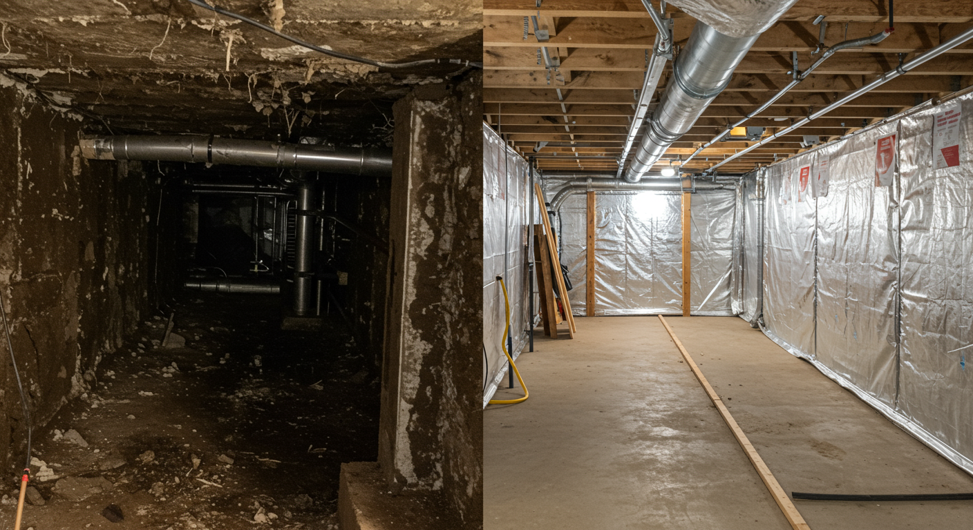A split image showing a before-and-after comparison of a crawl space. The left side depicts a dark, damp, and moldy crawl space, while the right side shows a bright, encapsulated space with a vapor barrier and insulation, emphasizing the transformation.