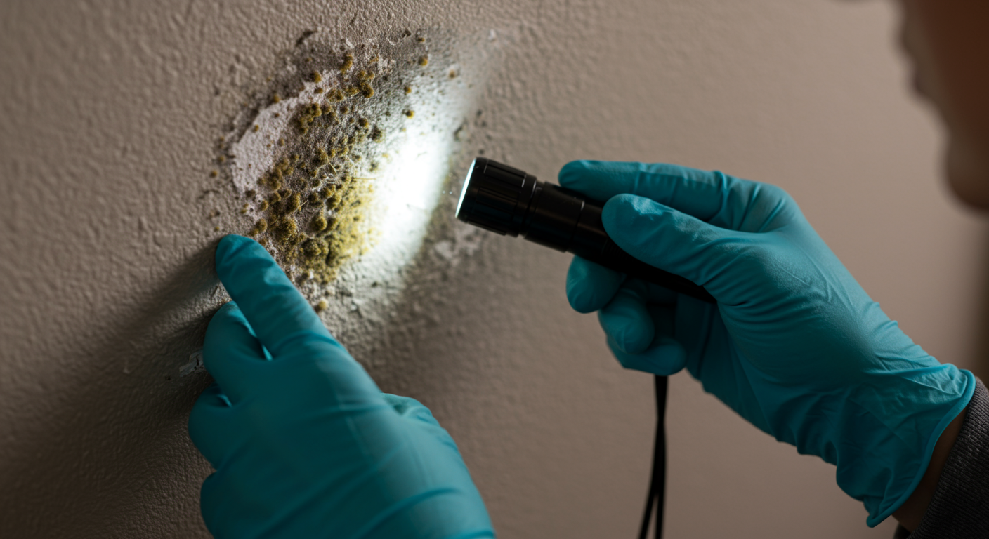 A close-up image of a homeowner inspecting a wall for mold, with visible mold patches highlighted. The person is wearing gloves and holding a flashlight, emphasizing the identification process.