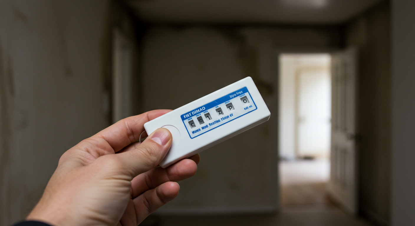 A close-up of a hand holding a mold testing kit, with a background of a home’s interior showing signs of moisture, like a damp wall. The focus is on the kit, emphasizing the importance of testing.