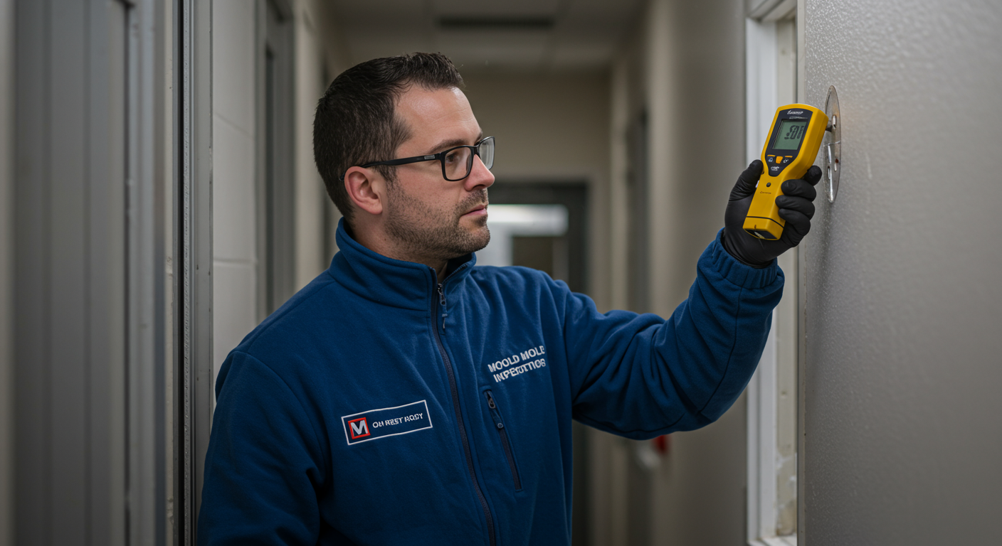 A professional mold inspector examining a commercial building's wall with a moisture meter, highlighting areas of concern. The inspector is wearing protective gear, emphasizing safety.