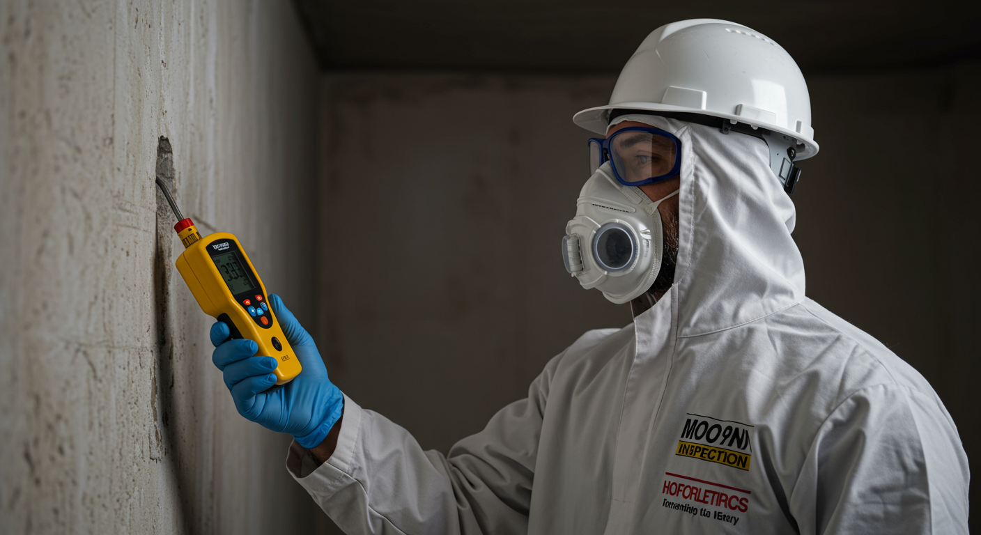 A professional mold inspector examining a wall with a moisture meter, highlighting the inspection process. The inspector is wearing protective gear, showcasing the seriousness of mold assessment.