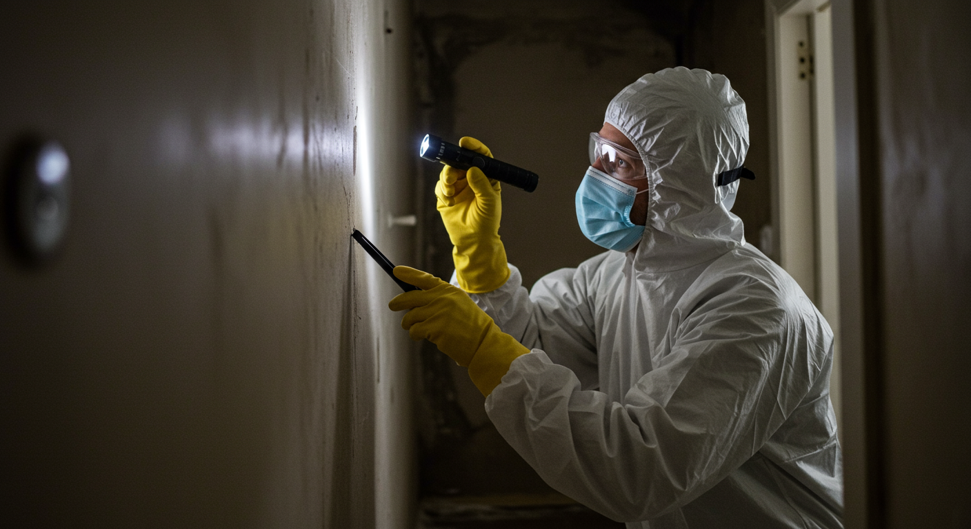 A professional technician in protective gear inspecting a damp area in a home, using a flashlight to identify black mold.