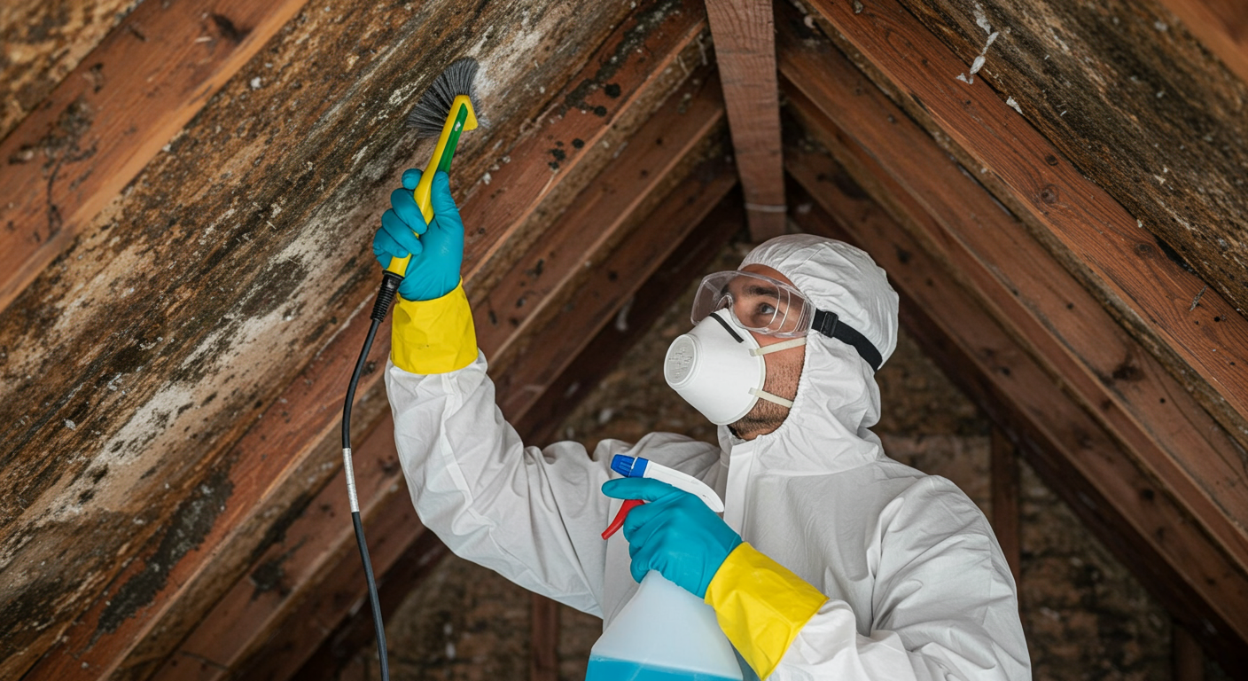 A professional wearing safety gear actively removing mold from an attic ceiling with a spray solution and a brush.