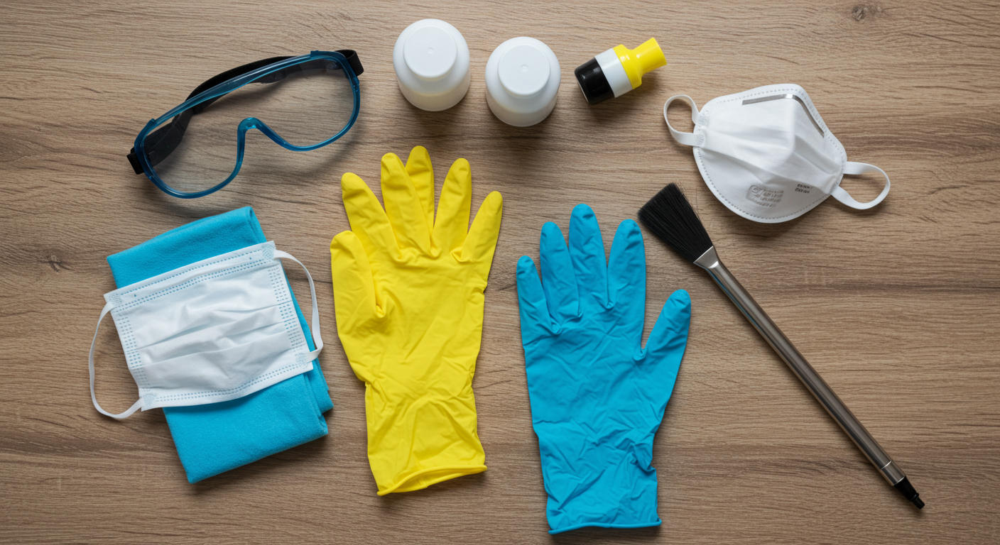 A well-lit scene showing a person preparing to clean mold, with safety gear laid out, including gloves, a mask, and goggles. The background features a clean, organized workspace, emphasizing safety and preparation.