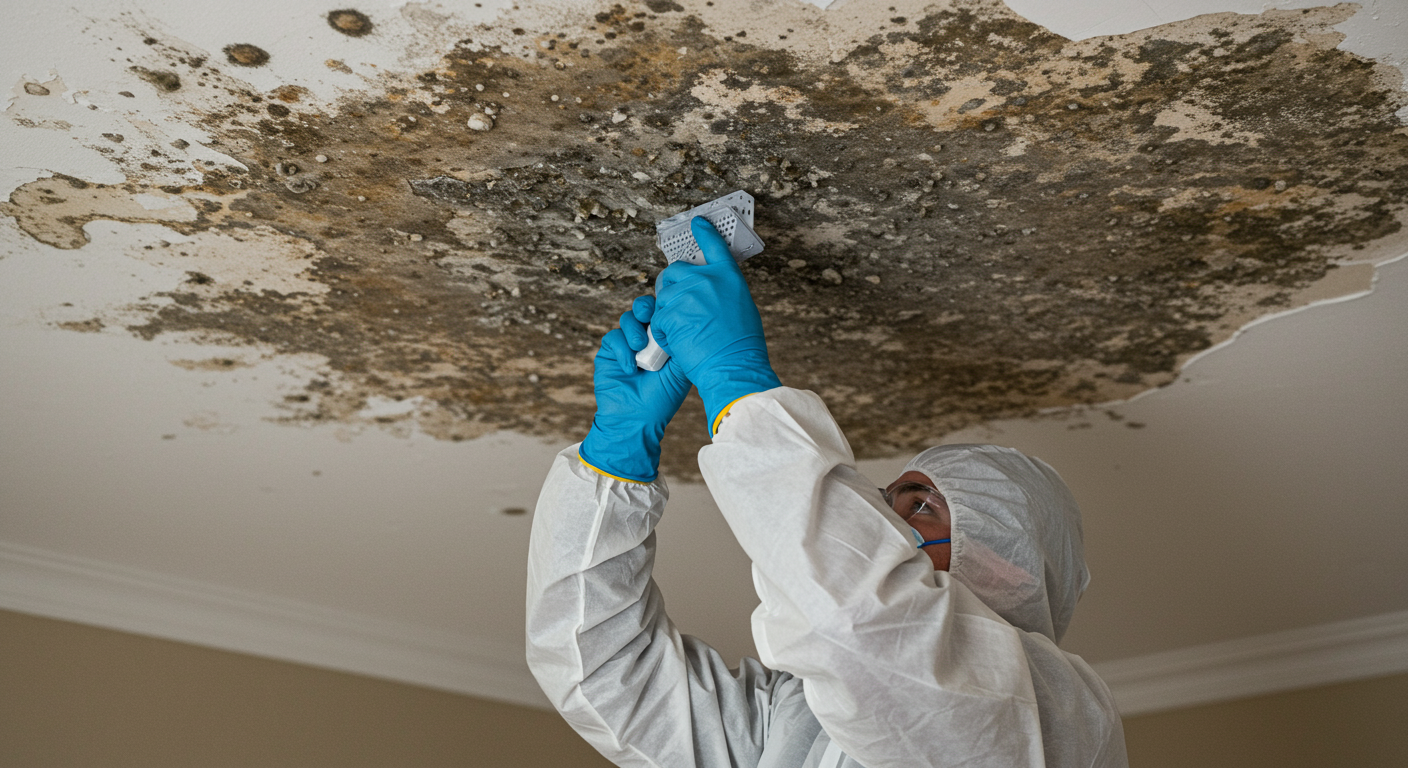A mold remediation technician actively removing mold from a ceiling, showcasing the process and effort involved in ensuring a safe living environment.