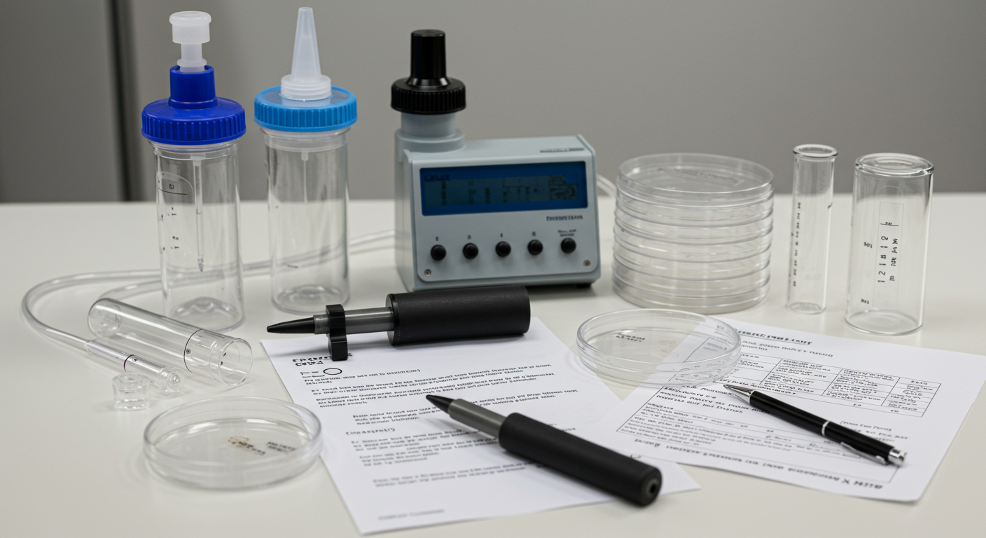 A neatly arranged set of professional mold testing equipment, including air sampling pumps, petri dishes, and a lab report, placed on a clean surface.
