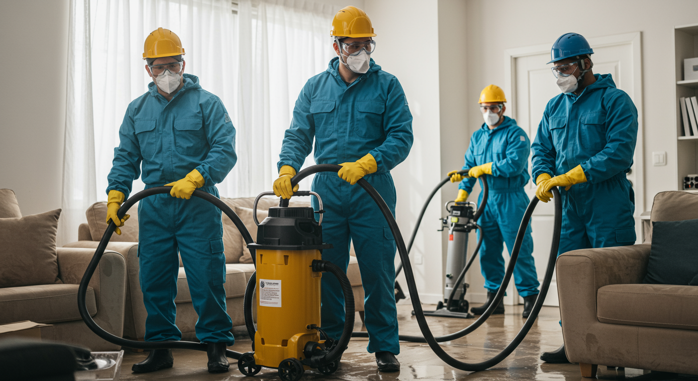 A restoration team in action, wearing protective gear, working together to remove water from a flooded living room. The scene shows the team using professional equipment like pumps and wet vacuums.