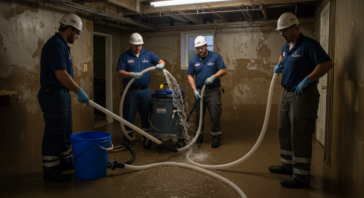 An action shot of a team of restoration professionals working together to remove water from a flooded basement. The image conveys teamwork and urgency, with visible water extraction equipment in use.