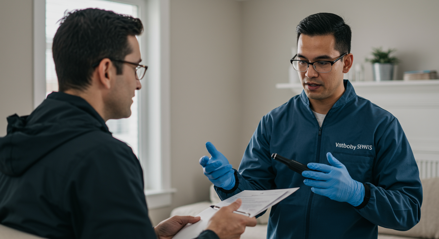 A professional technician discussing mold issues with a homeowner, with a focus on communication and trust.