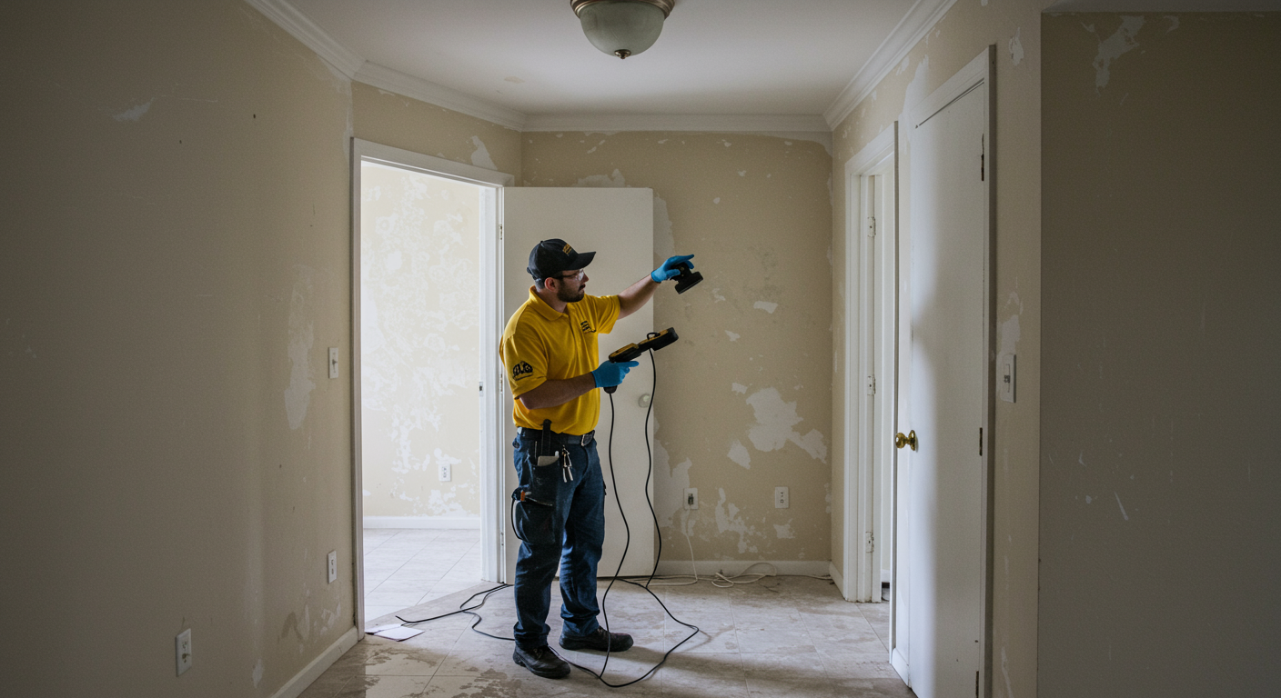 A professional water damage inspector examining a residential property in North Miami Beach. The inspector is using moisture detection equipment, with visible signs of water damage on the walls and flooring.