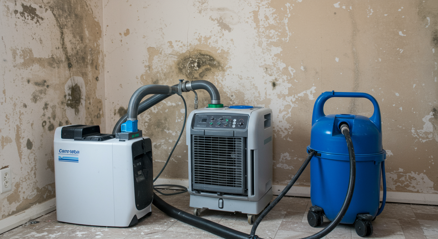 Close-up of advanced mold remediation equipment, such as air scrubbers and dehumidifiers, being used in a mold-affected area. The setting includes a partially cleaned wall with visible mold removal progress.
