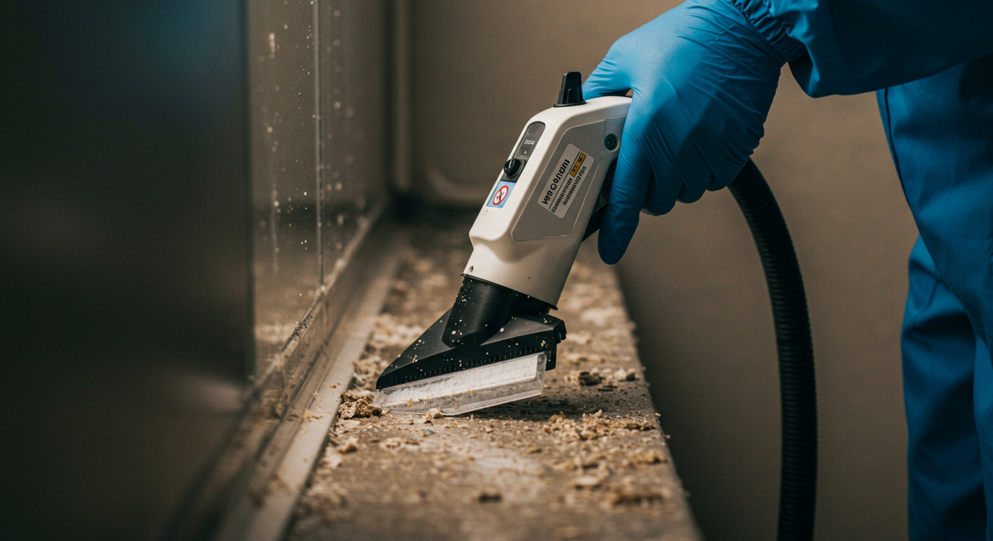 A close-up of a technician using specialized equipment, such as a HEPA vacuum or air scrubber, to remove mold from a surface. The focus is on the equipment and the removal process.