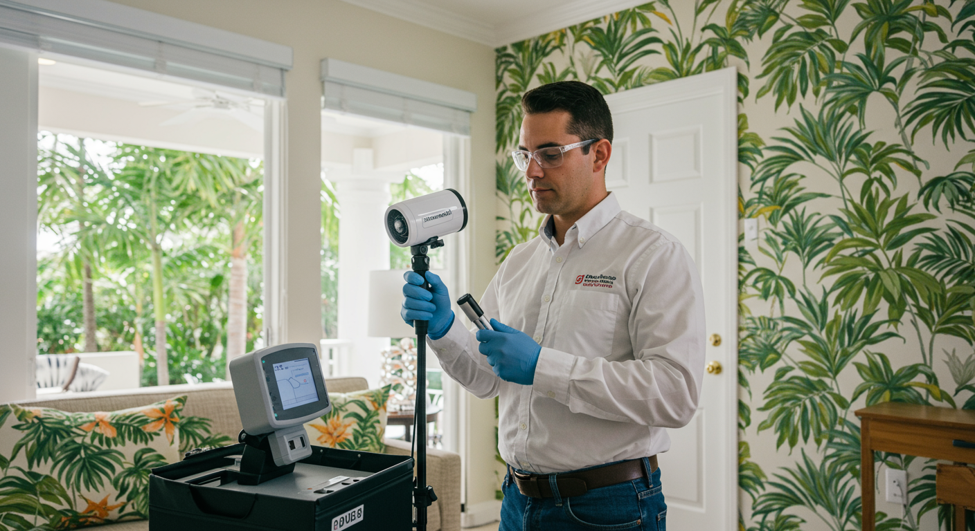A professional technician conducting air quality testing using specialized equipment in a Miami Beach home. The setting includes a bright, airy room with tropical decor.