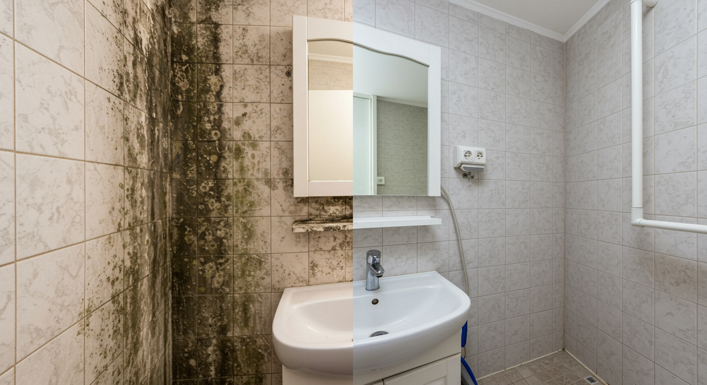 A split-screen image showing a mold-infested wall on one side and the same wall completely clean and restored on the other. The setting is a small bathroom with a tiled wall and a sink.