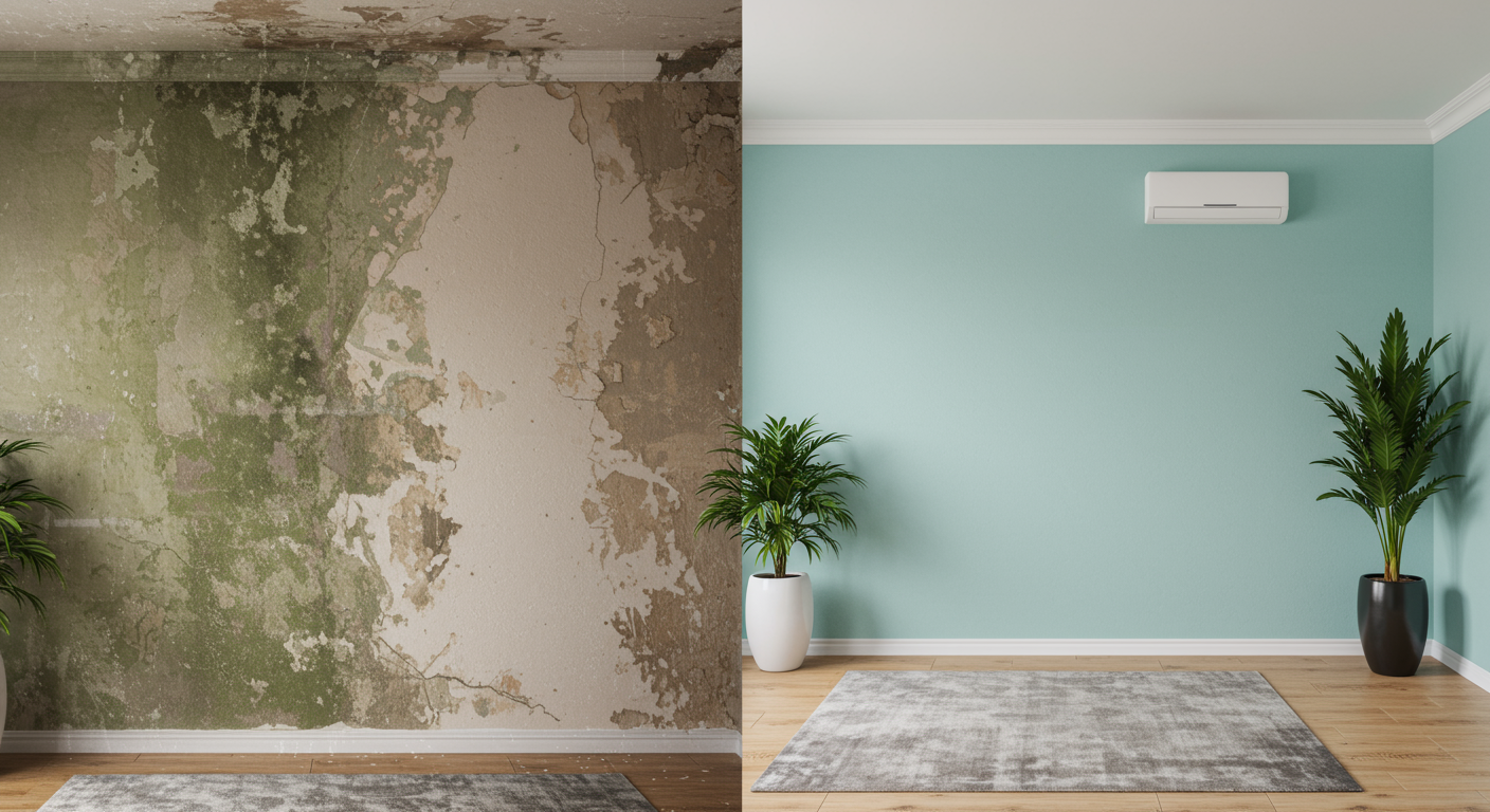 A split-screen image showing a mold-infested wall on one side and the same wall fully cleaned and restored on the other. The setting is a typical Miami Beach home interior, with vibrant colors and a clean, fresh look.