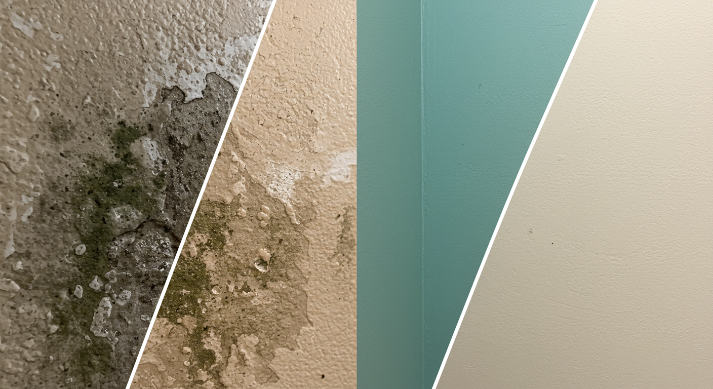 A split-screen image showing a close-up of a mold-infested wall on one side and the same wall cleaned and restored on the other. The setting reflects a typical Miami Beach home with light-colored walls and a coastal vibe.